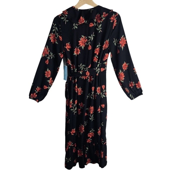 Draper James Black Floral Long Sleeve Ruffle Midi Wrap Dress Womens XS NWT $78 - Picture 9 of 9